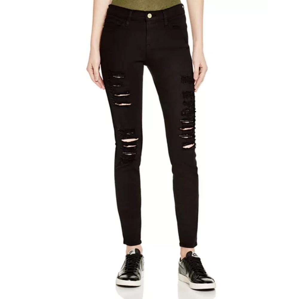 FRAME Black Distressed Ripped Zip Multipocket Skinny Jeans, Sz. 28